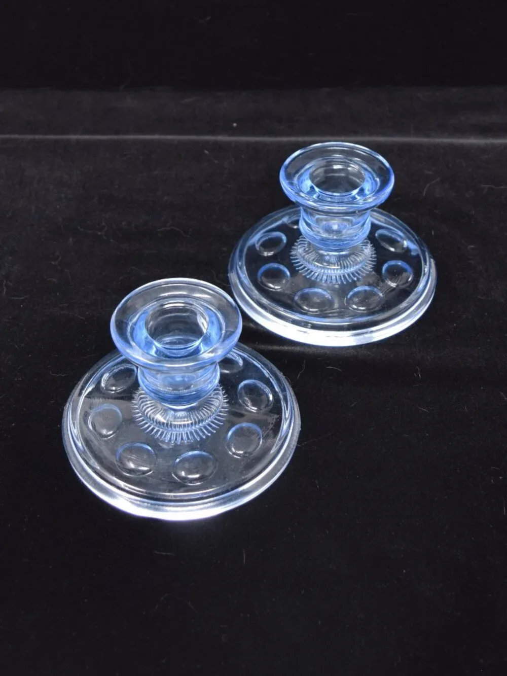 2 Imperial Ice Blue Old English Candlestick Holders Glass Thumbprint Olive Dots